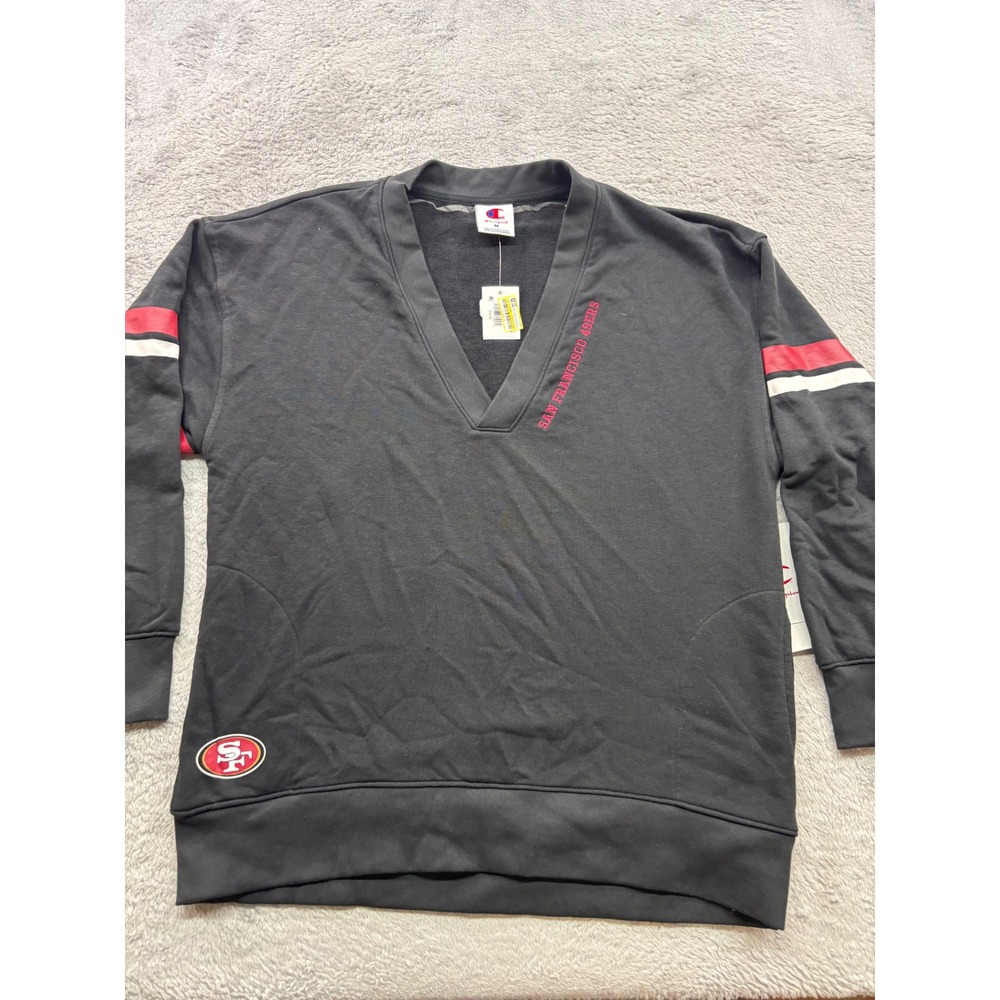 Champion NFL San Francisco 49ers Mens V-Neck Sweatshirt Black Red Stripe Size M